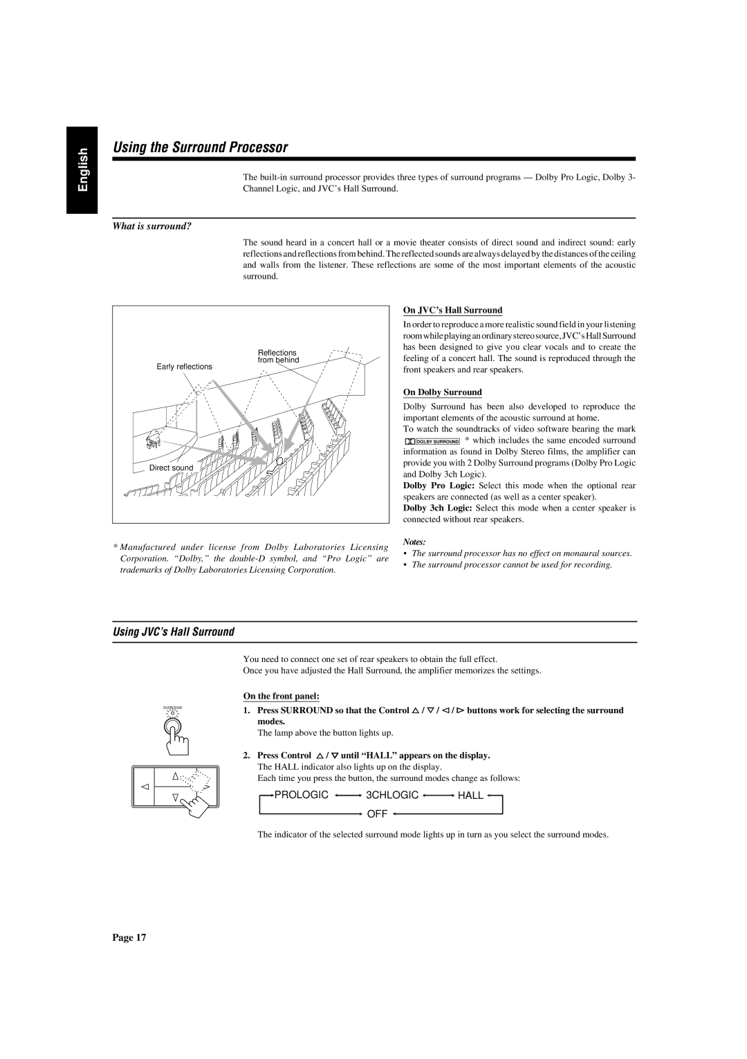 JVC AX-V5BK manual Using the Surround Processor, Using JVC’s Hall Surround, What is surround?, Prologic 3CHLOGIC Hall 