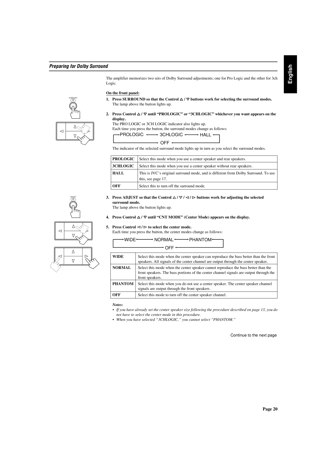 JVC AX-V5BK manual Preparing for Dolby Surround, Wide Normal Phantom 