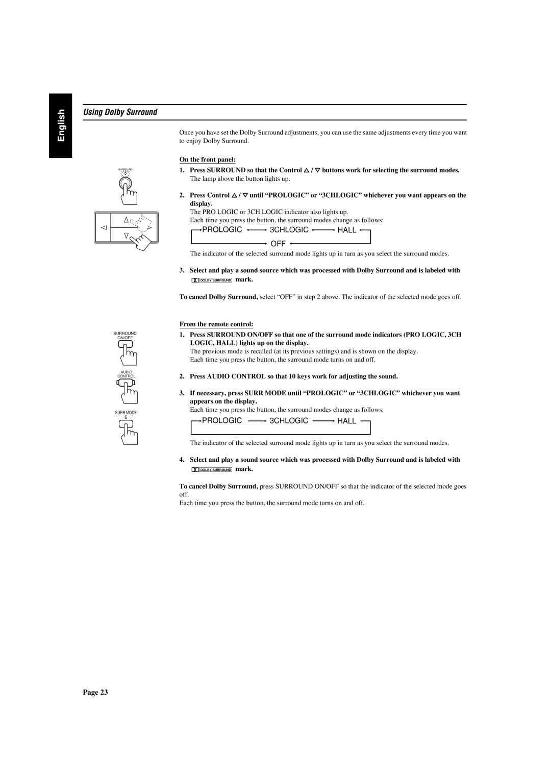 JVC AX-V5BK manual Using Dolby Surround, Appears on the display 