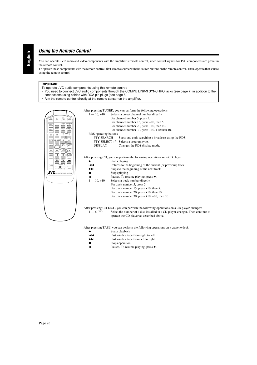 JVC AX-V5BK manual Using the Remote Control, Video 