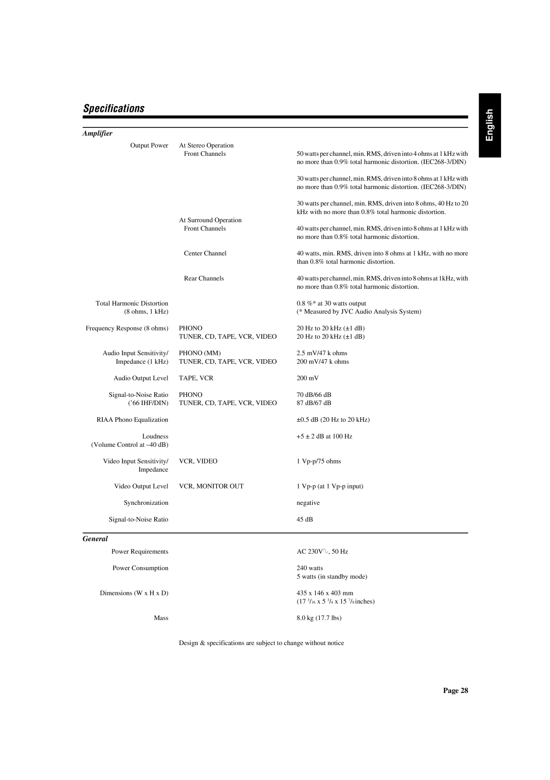 JVC AX-V5BK manual Specifications, Amplifier, General 