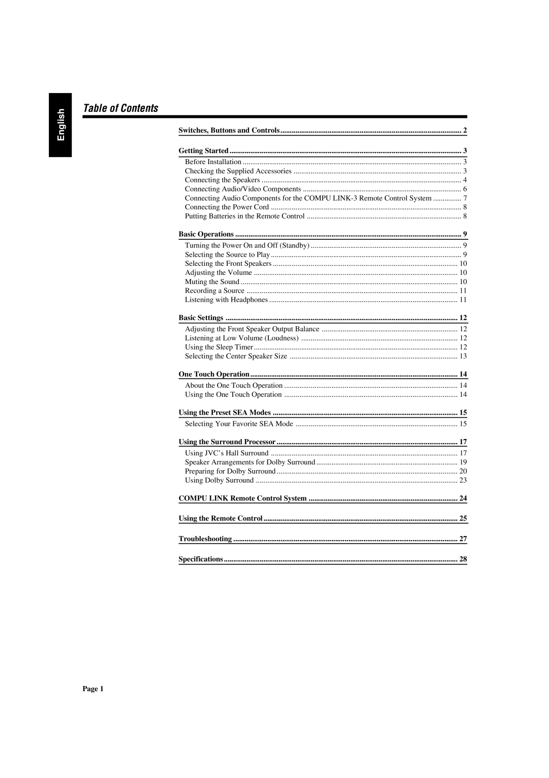 JVC AX-V5BK manual Table of Contents 