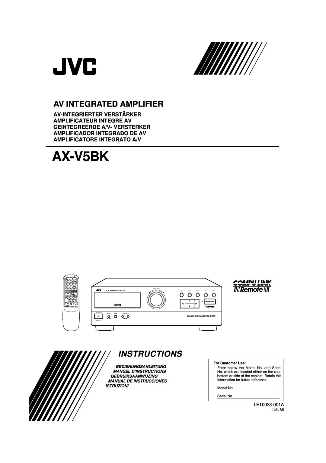 JVC AX-V5BK manual LET0023-001A, Av Integrated Amplifier, Bedienungsanleitung Manuel D’Instructions, Istruzioni 