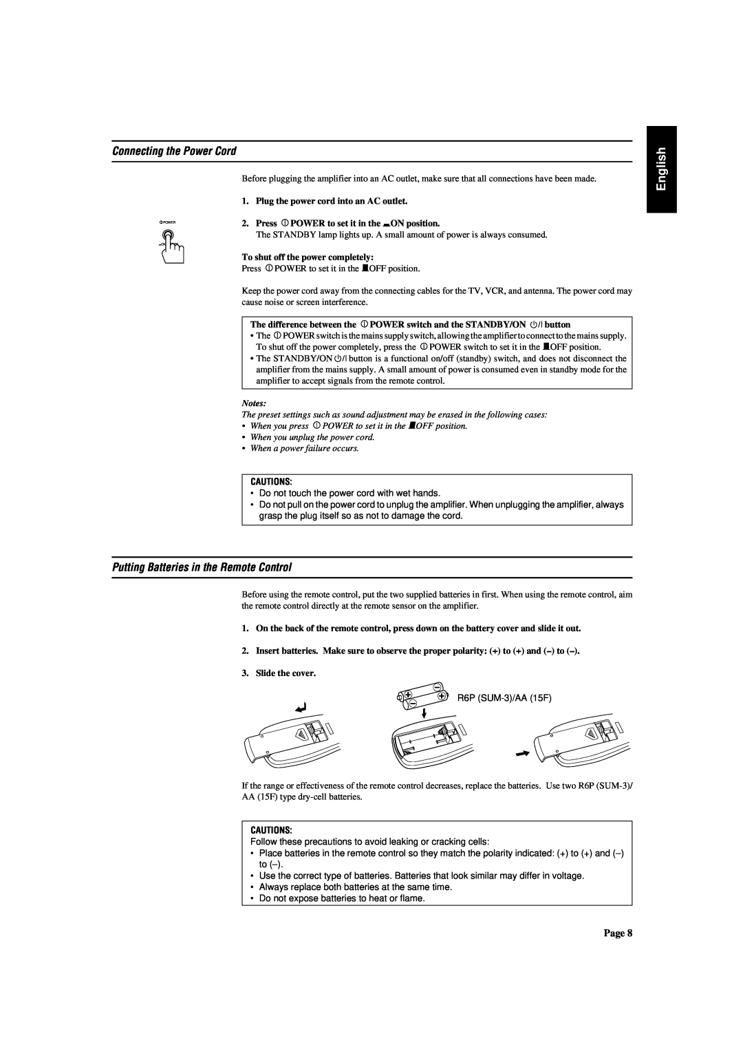 JVC AX-V5BK manual Connecting the Power Cord, Putting Batteries in the Remote Control, English, Cautions 