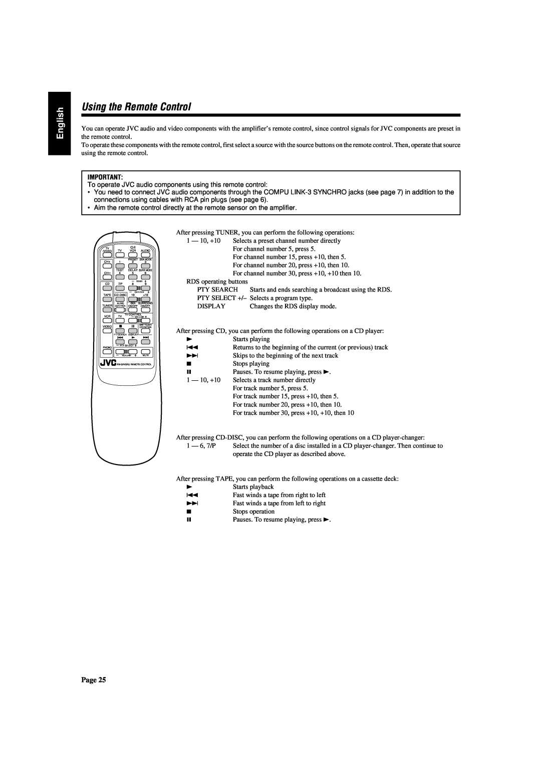 JVC AX-V5BK manual Using the Remote Control, English 