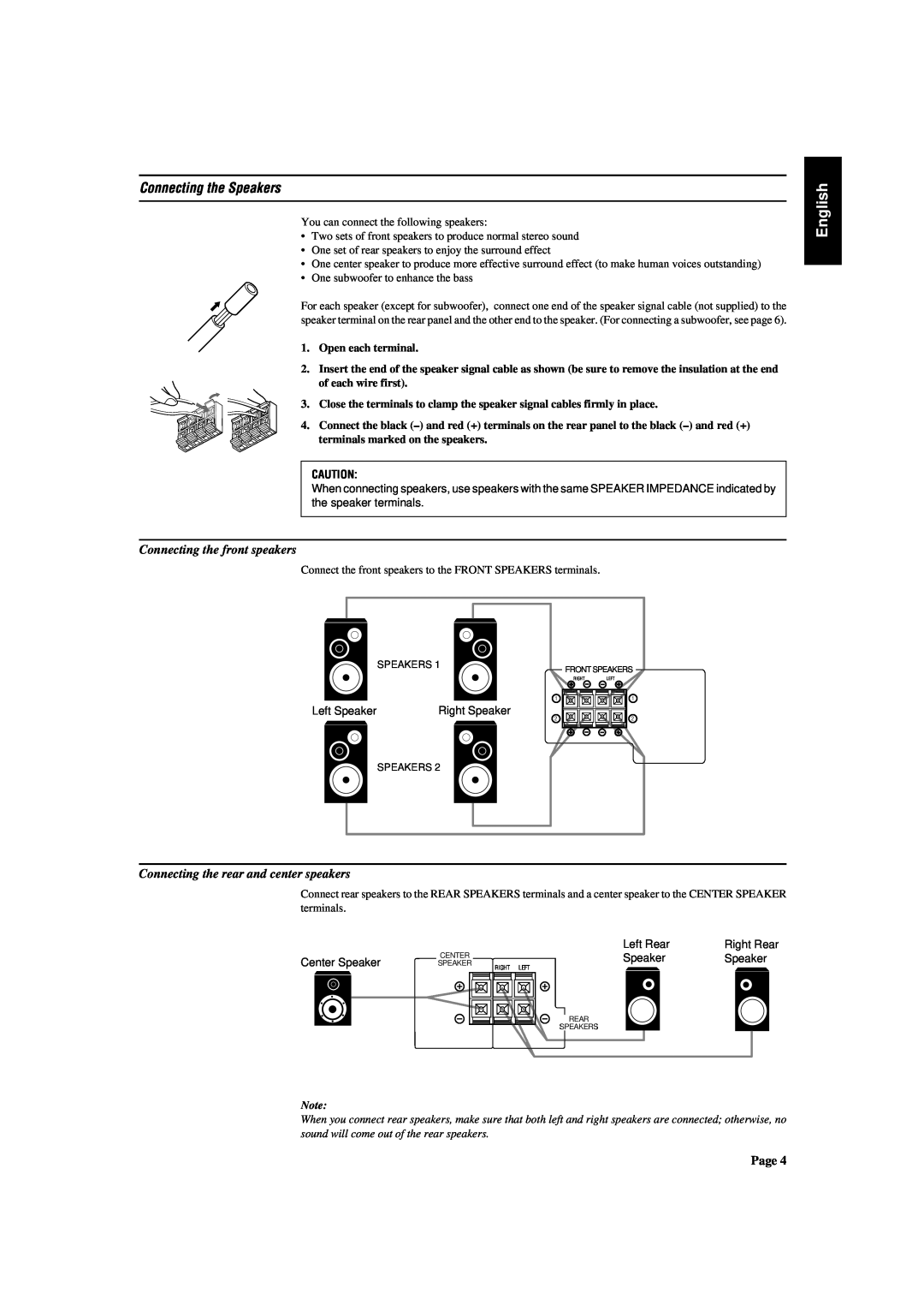 JVC AX-V5BK manual Connecting the Speakers, Connecting the front speakers, Connecting the rear and center speakers, English 