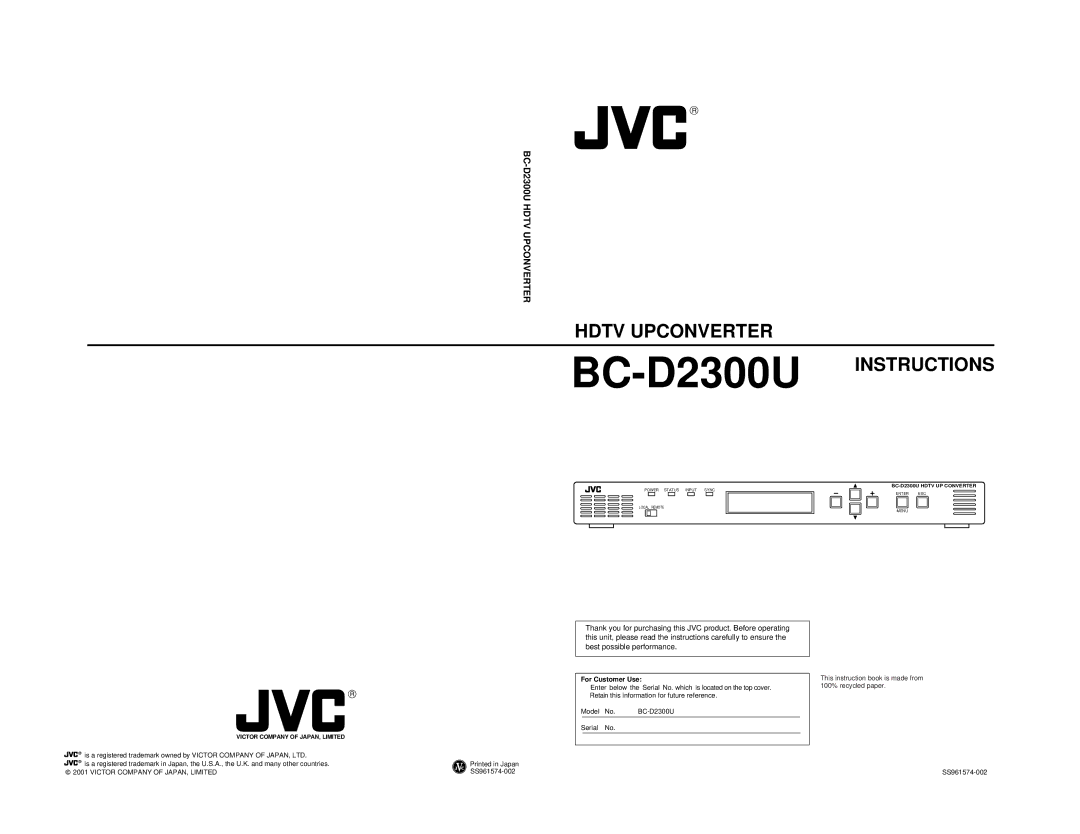 JVC BC-D2300U manual For Customer Use, Victor Company of JAPAN, Limited 