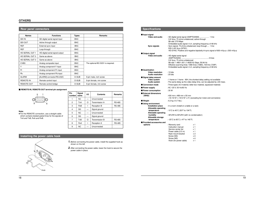 JVC BC-D2300U manual Rear panel connectors, Specifications, Installing the power cable hook, Whd 