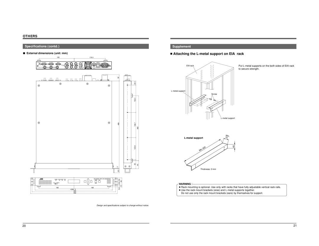 JVC BC-D2300U Specifications contd, Supplement, Put L-metal supports on the both sides of EIA rack, To secure strength 