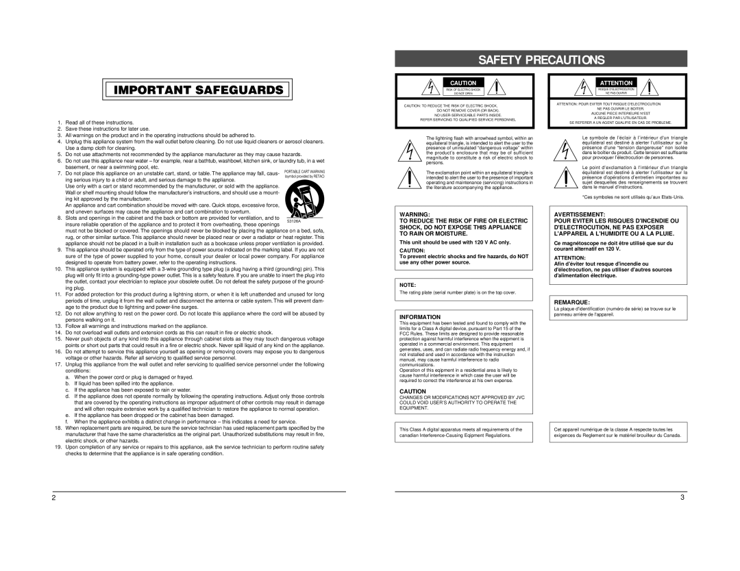 JVC BC-D2300U manual Safety Precautions 