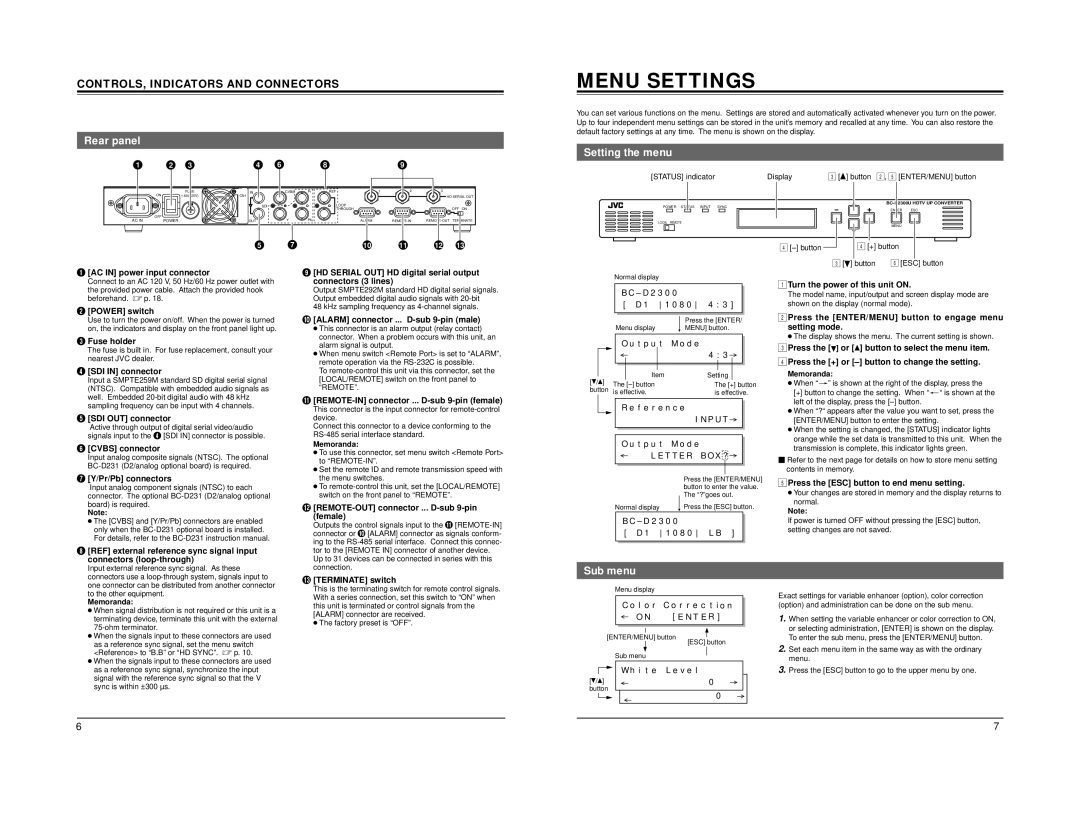 JVC BC-D2300U manual Menu Settings, Rear panel, Setting the menu, Sub menu 