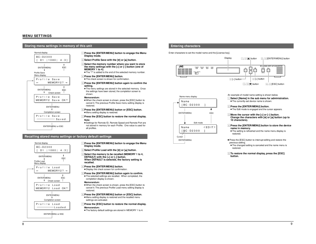 JVC BC-D2300U manual Recalling stored menu settings or factory default settings 