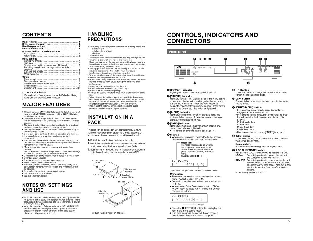 JVC BC-D2300U manual Controls, Indicators And Connectors, Front panel, Contents, Major Features, Handling Precautions 