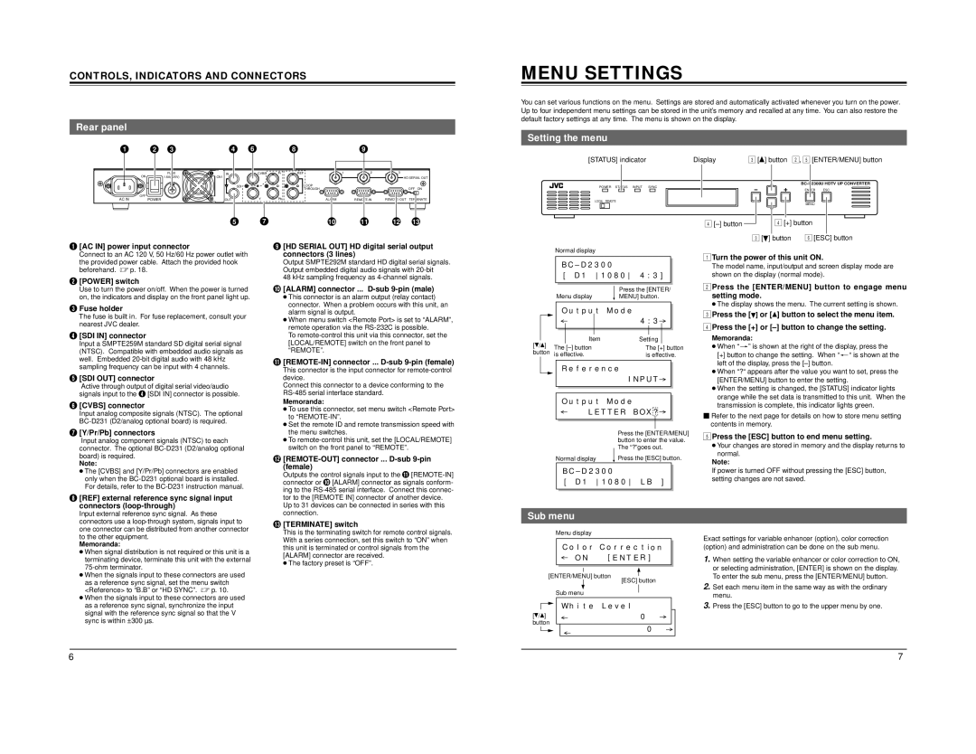 JVC BC-D2300U manual Menu Settings, Rear panel, Setting the menu, Sub menu, Controls, Indicators And Connectors 