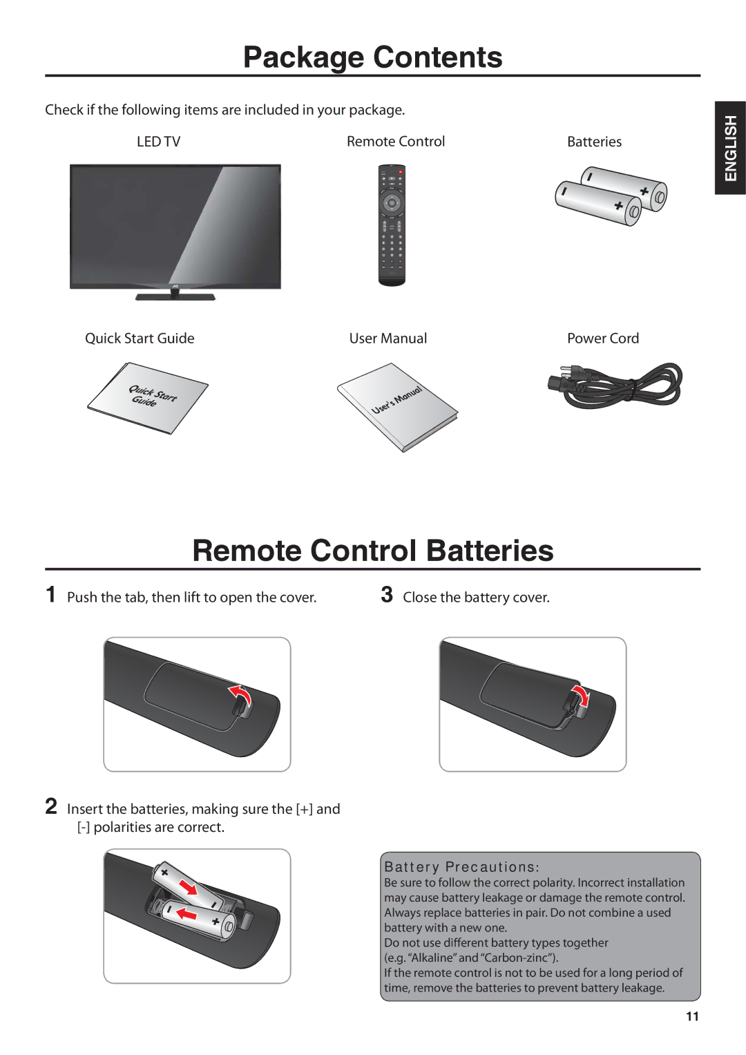 JVC BC50R user manual Package Contents, Remote Control Batteries 