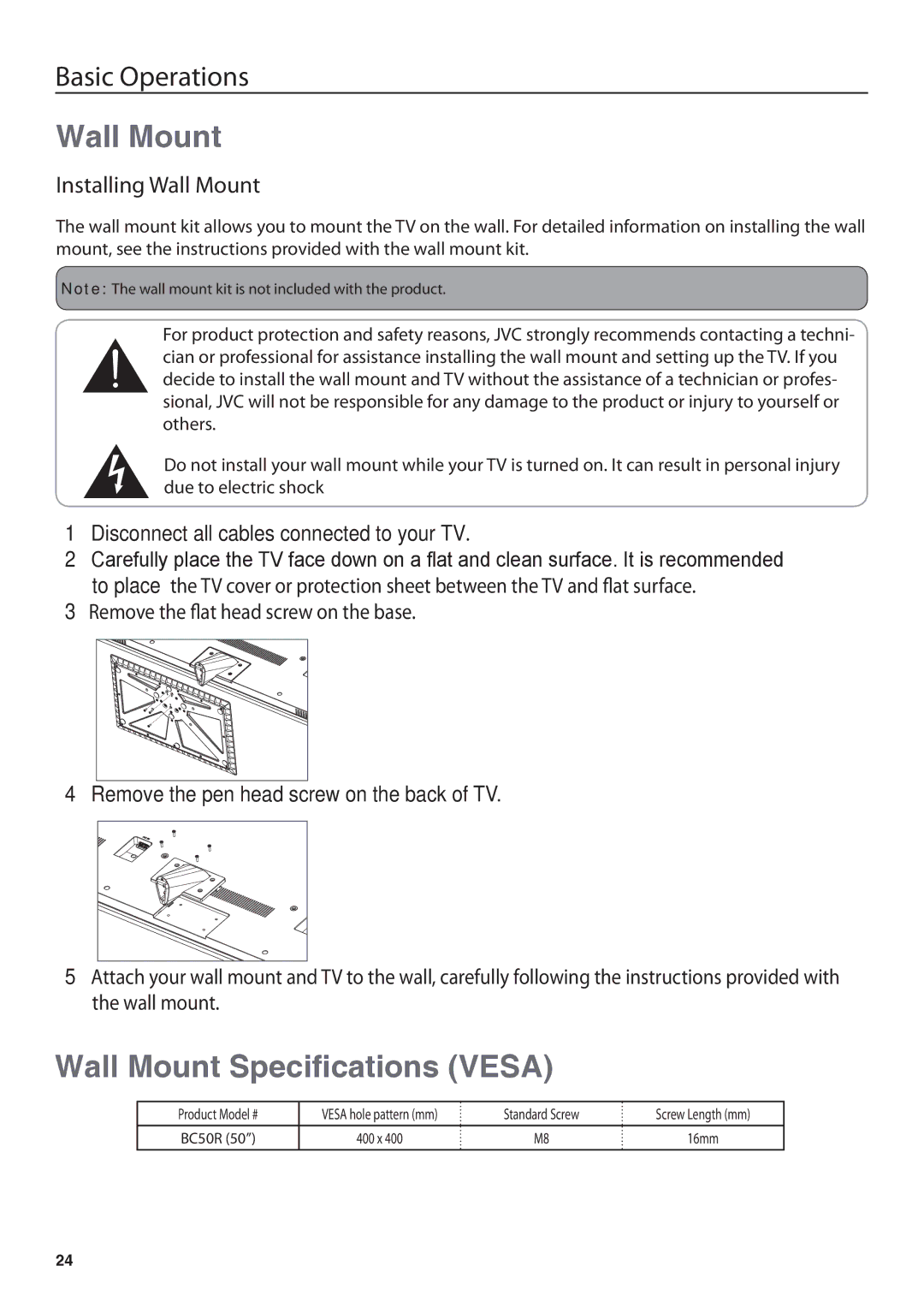 JVC BC50R user manual Wall Mount Speciſcations VESA 