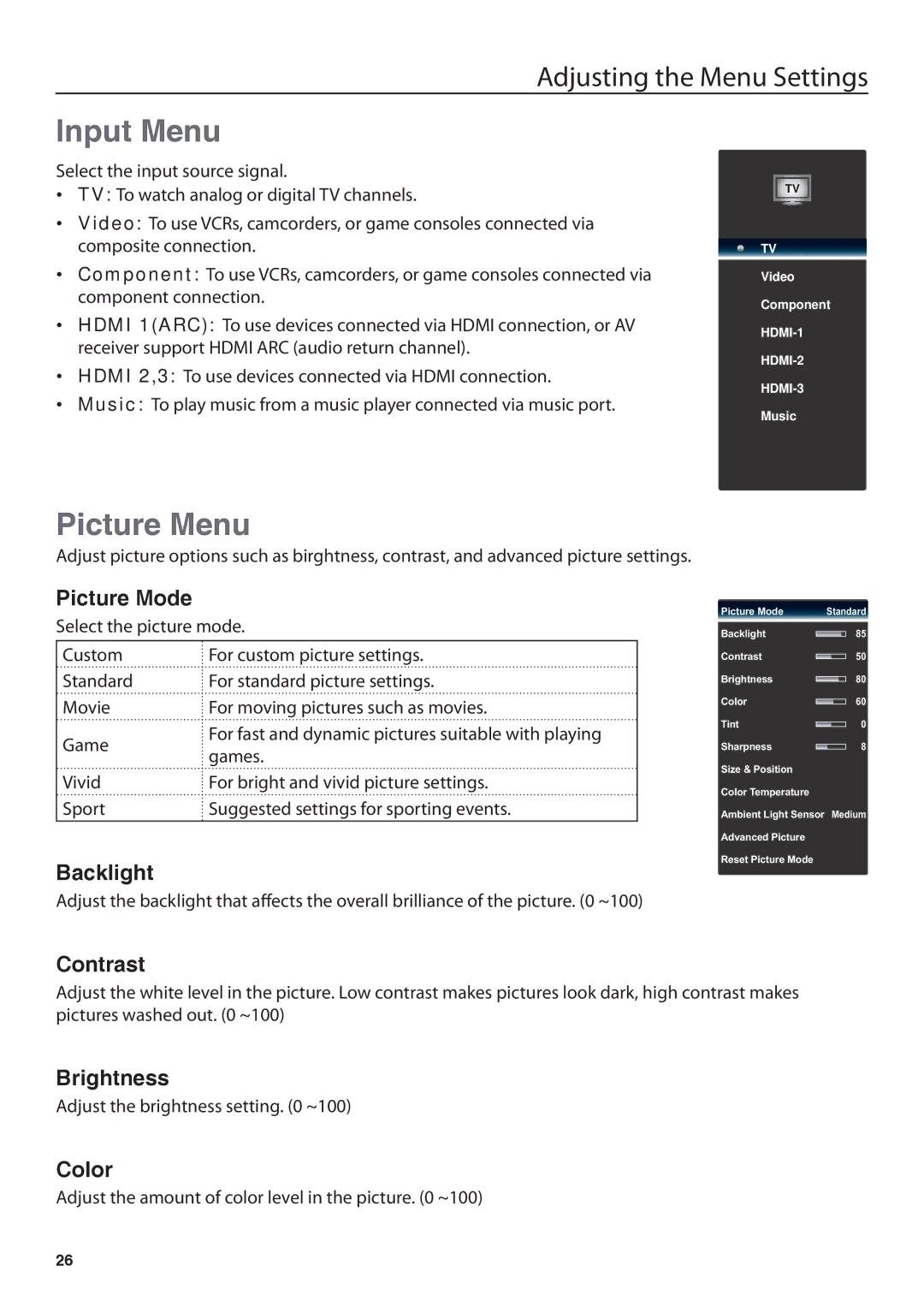 JVC BC50R user manual Input Menu, Picture Menu 