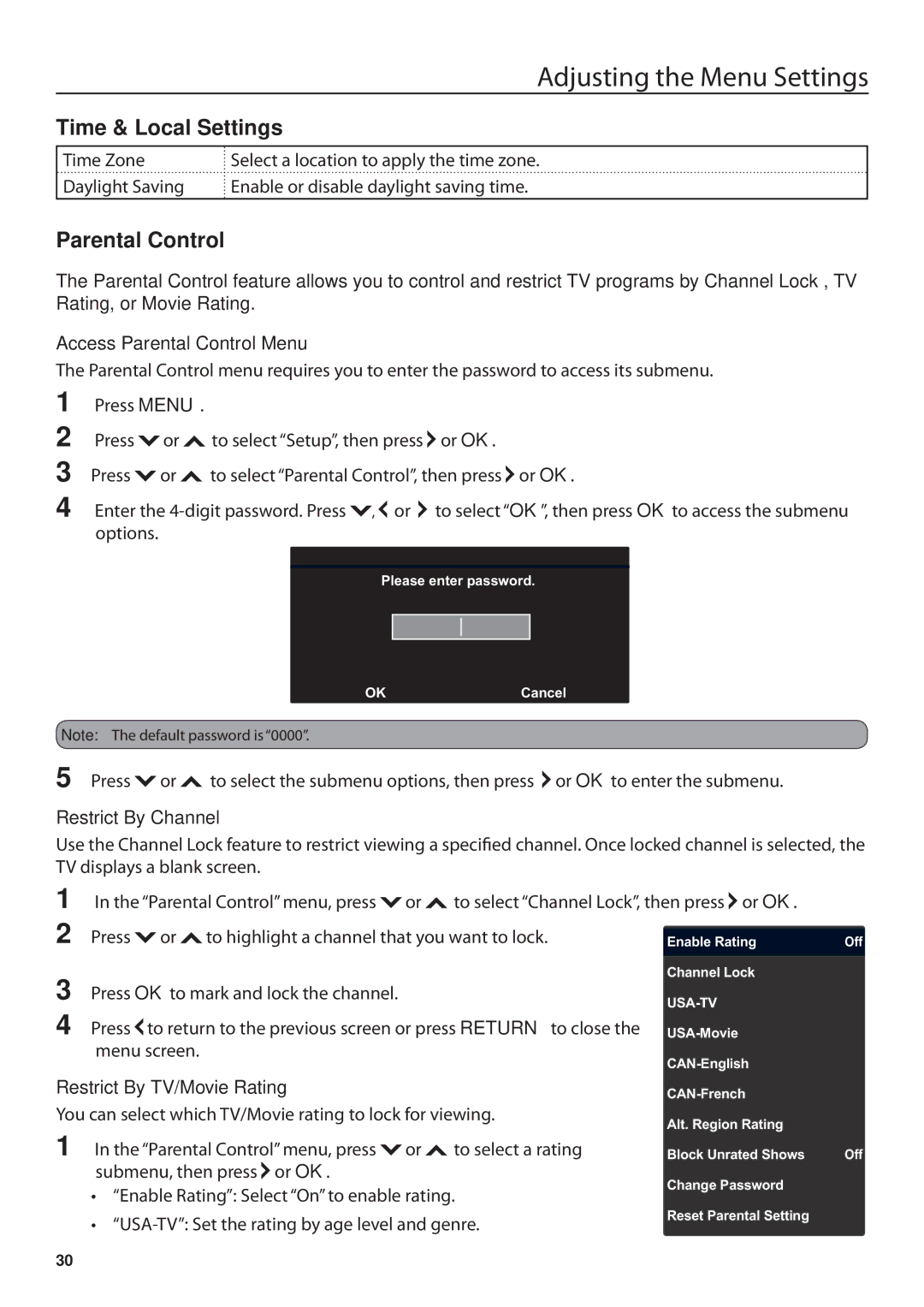 JVC BC50R Time & Local Settings, Access Parental Control Menu, Restrict By Channel, Restrict By TV/Movie Rating 