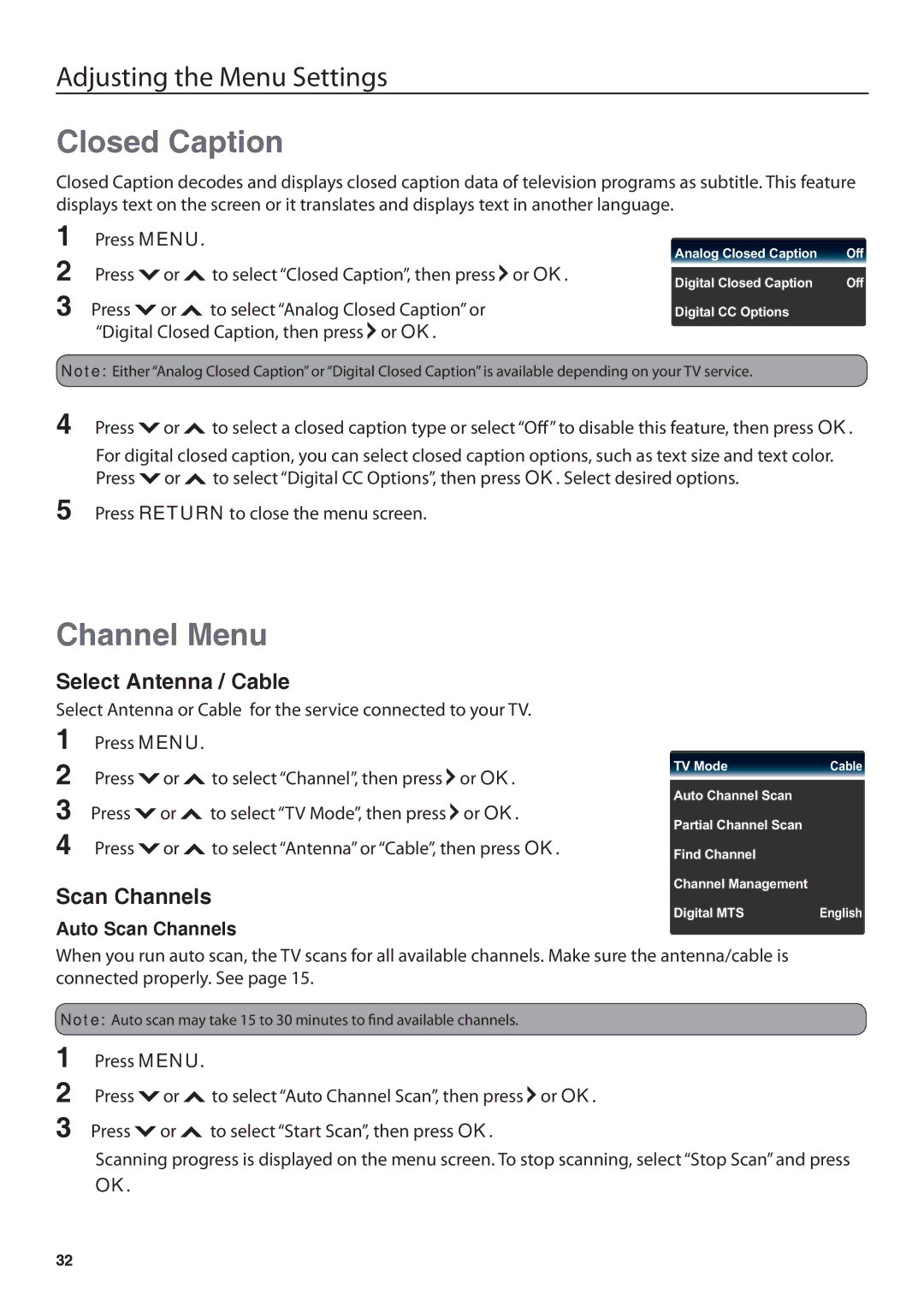 JVC BC50R user manual Closed Caption, Channel Menu, Select Antenna / Cable, Auto Scan Channels 