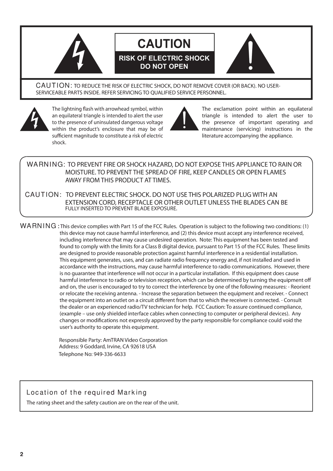 JVC BC50R user manual Risk of Electric Shock Do not Open, Location of the required Marking 