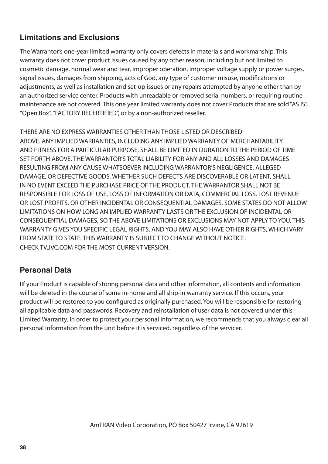 JVC BC50R user manual Limitations and Exclusions, Personal Data 