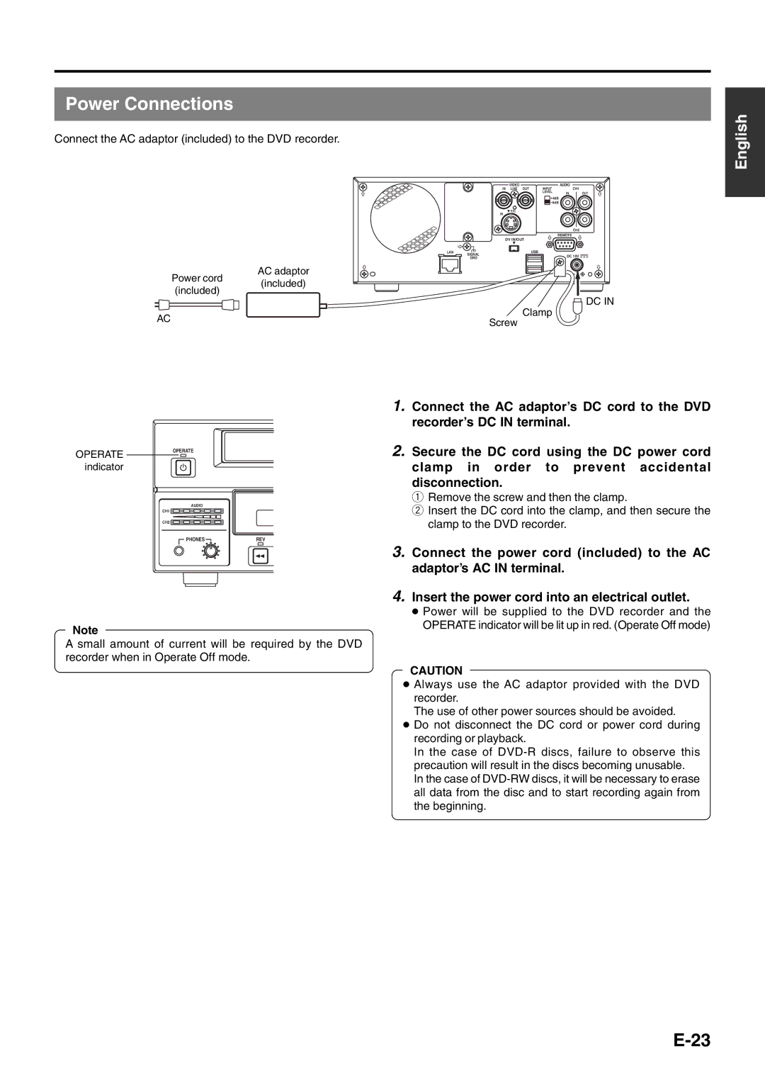 JVC BD-X200E manual Power Connections, Connect the AC adaptor included to the DVD recorder 