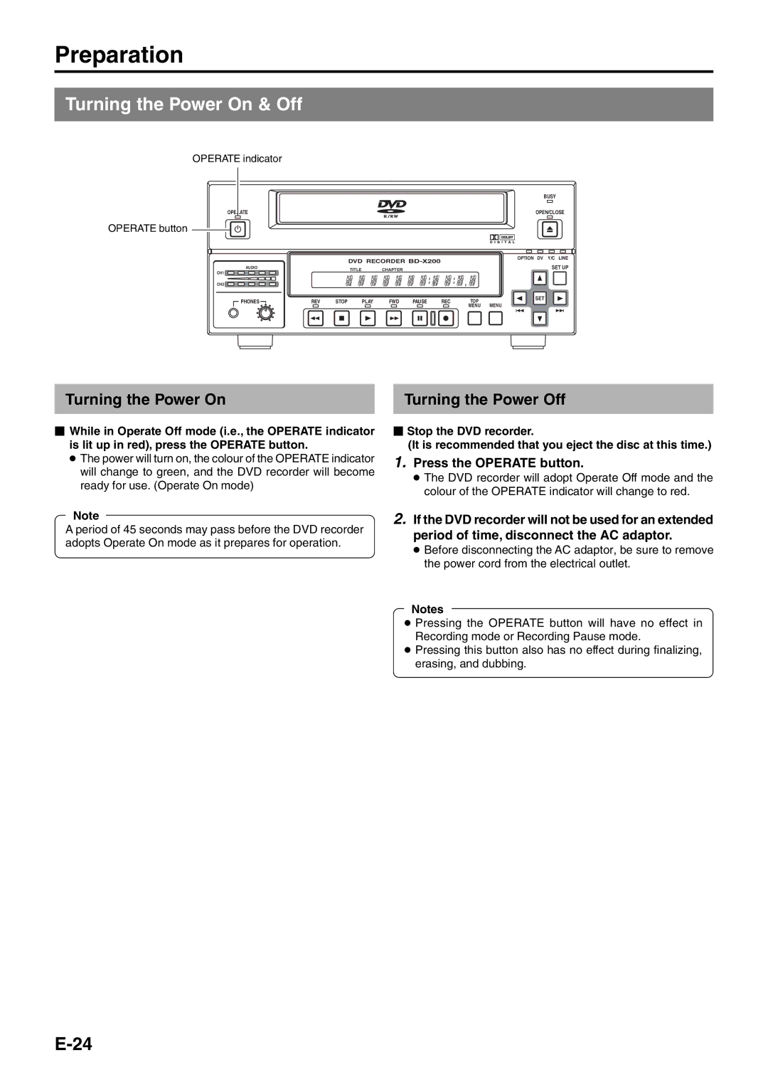 JVC BD-X200E manual Turning the Power On & Off, Turning the Power On Turning the Power Off, Press the Operate button 