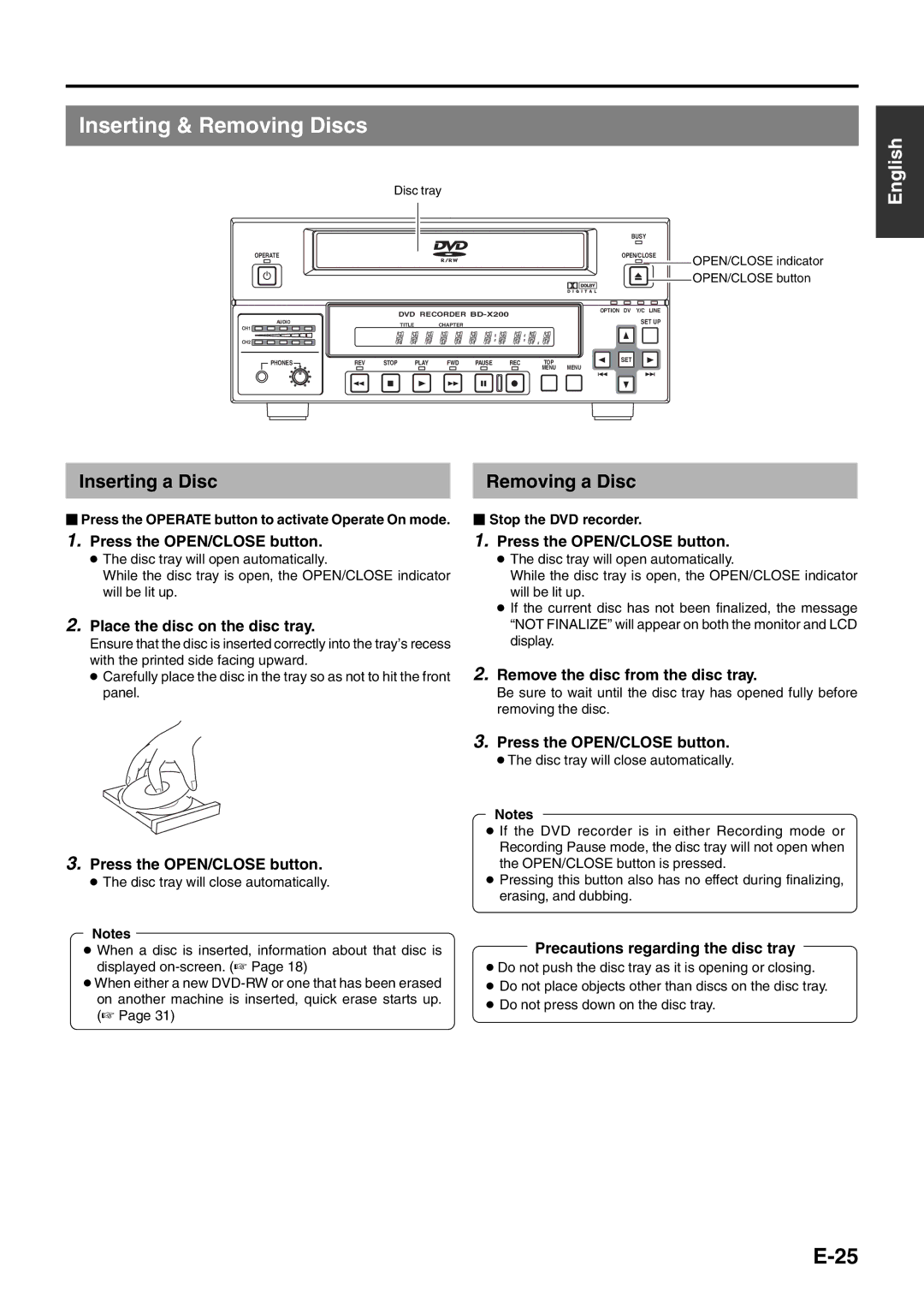 JVC BD-X200E manual Inserting & Removing Discs, Inserting a Disc, Removing a Disc 