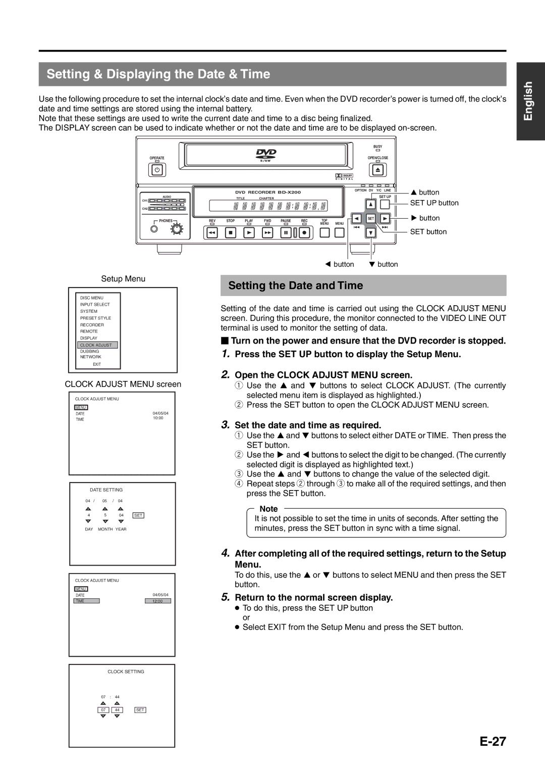 JVC BD-X200E manual Setting & Displaying the Date & Time, Setting the Date and Time, Set the date and time as required 