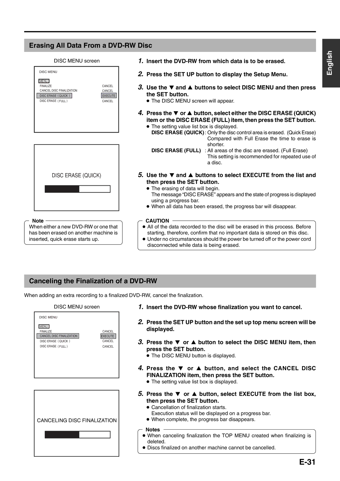 JVC BD-X200E manual Erasing All Data From a DVD-RW Disc, Canceling the Finalization of a DVD-RW 