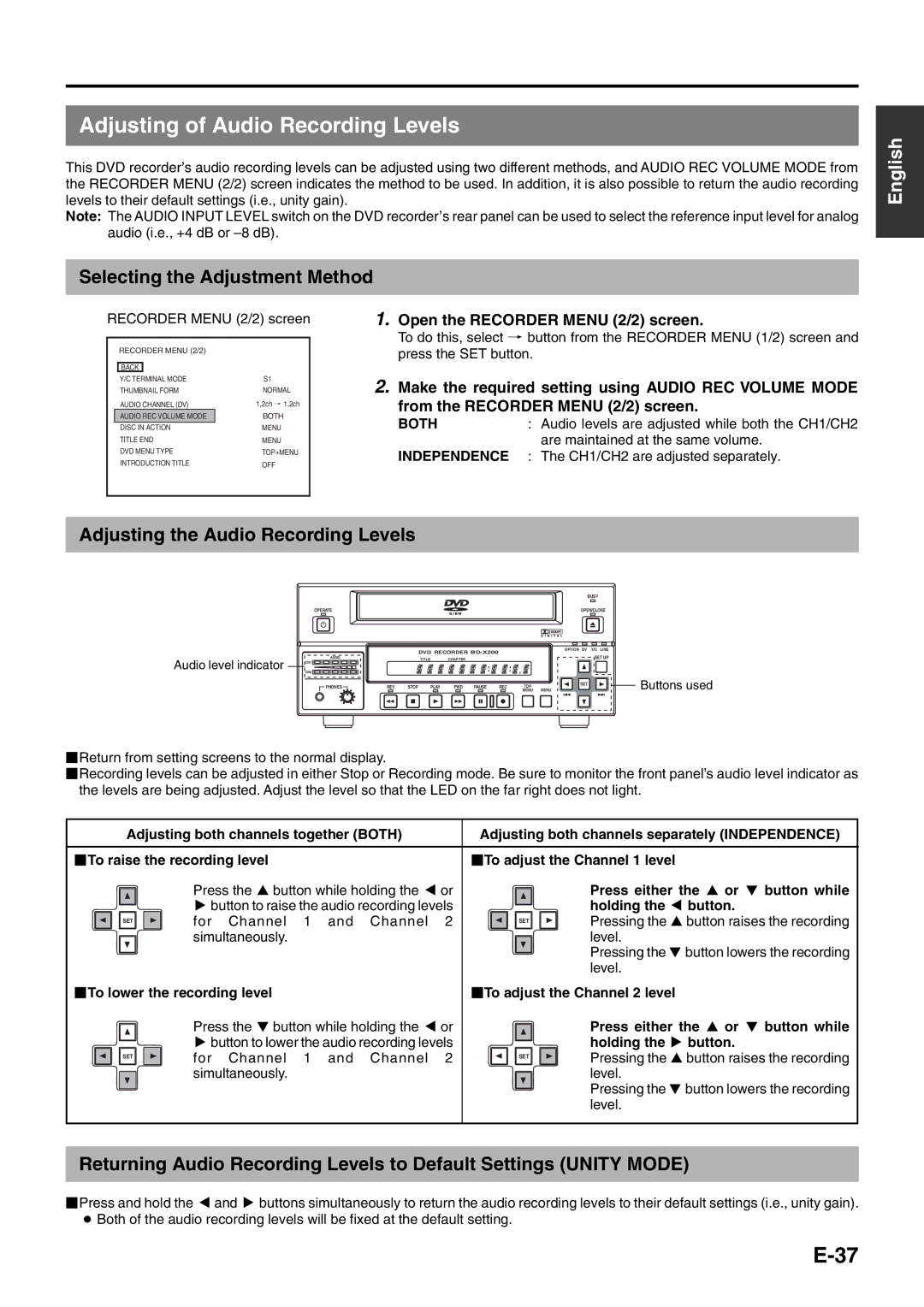 JVC BD-X200E Adjusting of Audio Recording Levels, Selecting the Adjustment Method, Adjusting the Audio Recording Levels 