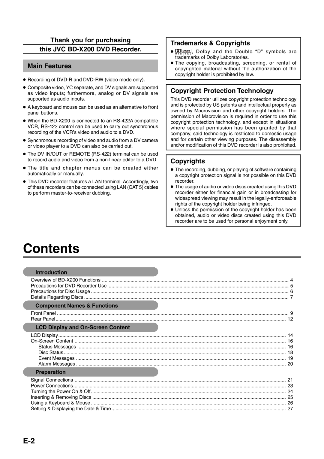 JVC BD-X200E manual Contents 