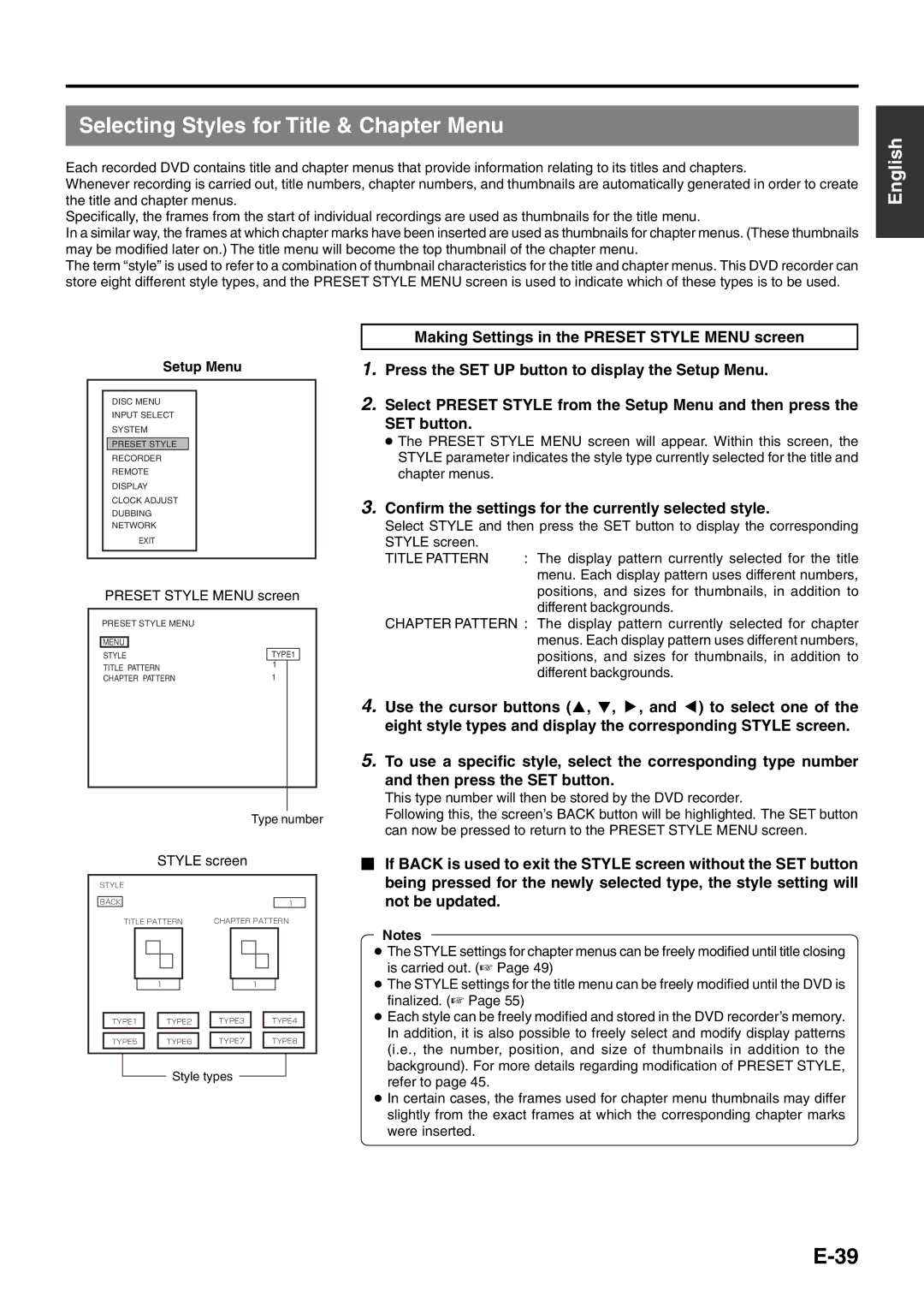 JVC BD-X200E Selecting Styles for Title & Chapter Menu, Confirm the settings for the currently selected style, Setup Menu 