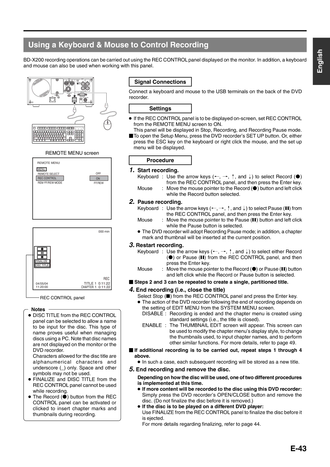 JVC BD-X200E manual Using a Keyboard & Mouse to Control Recording, Settings, Procedure Start recording 