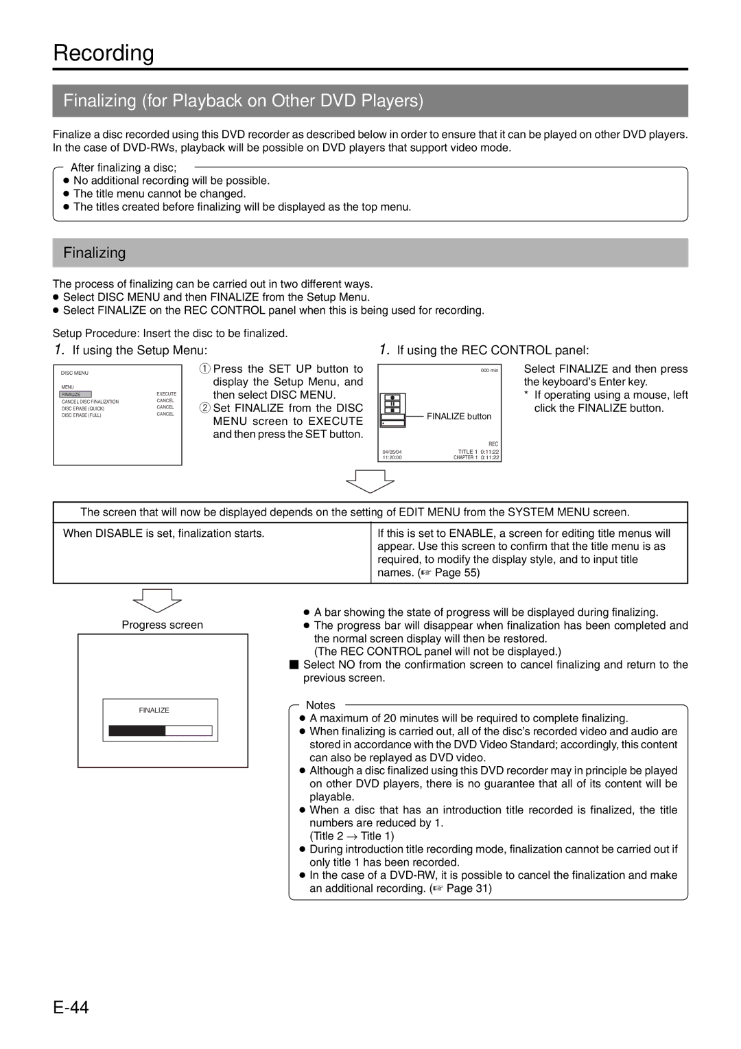 JVC BD-X200E manual Finalizing for Playback on Other DVD Players, If using the Setup Menu, If using the REC Control panel 