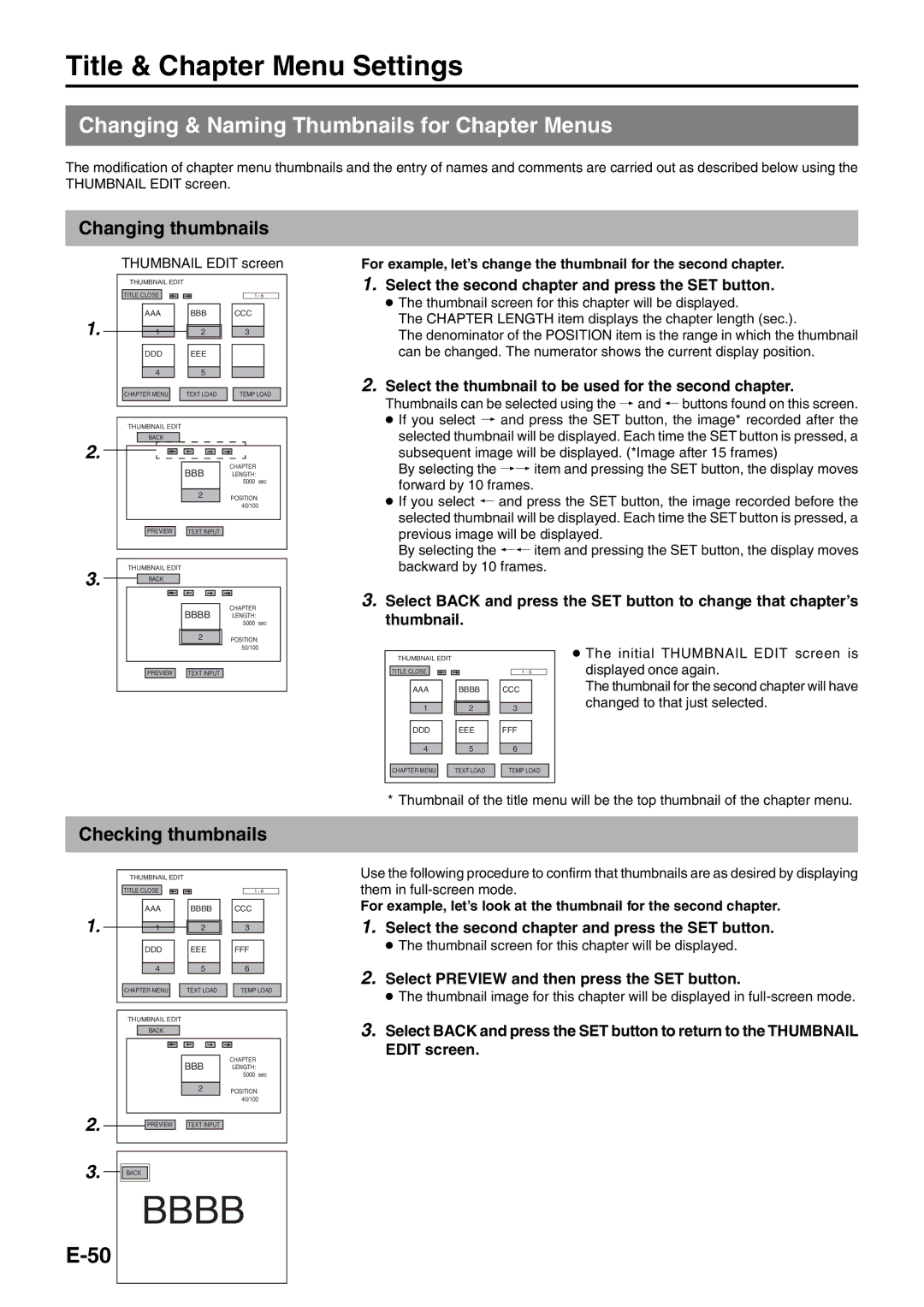 JVC BD-X200E manual Changing & Naming Thumbnails for Chapter Menus, Changing thumbnails, Checking thumbnails 