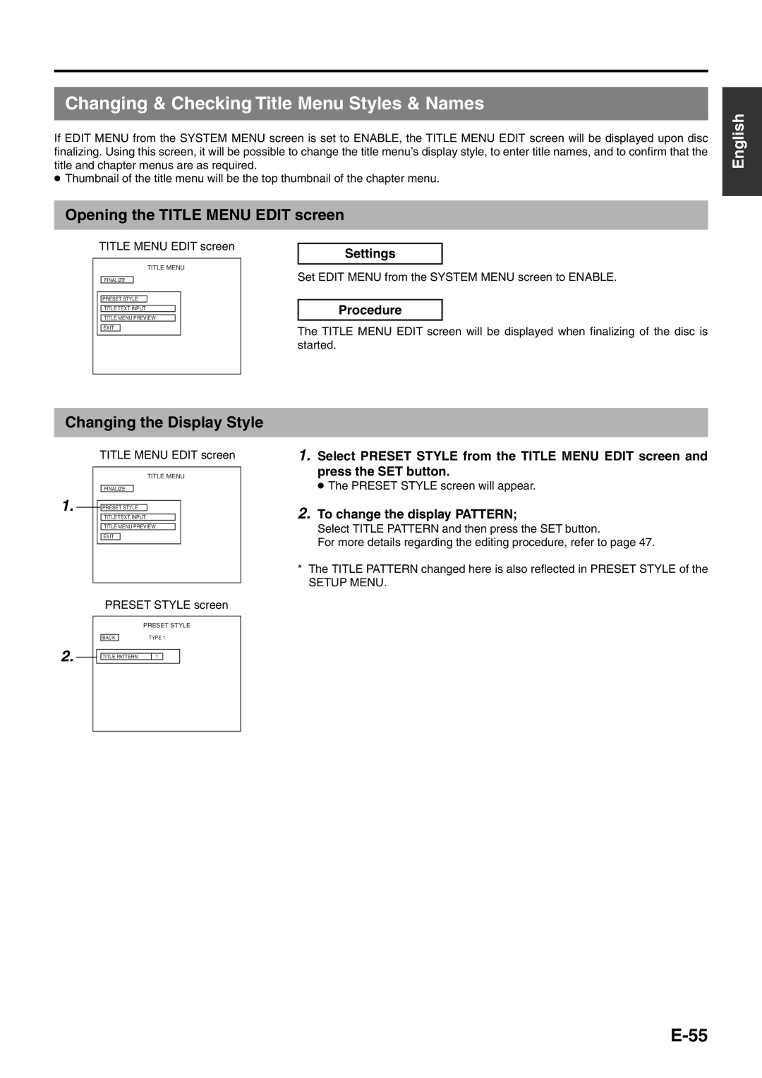 JVC BD-X200E manual Changing & Checking Title Menu Styles & Names, Opening the Title Menu Edit screen, Setup Menu 