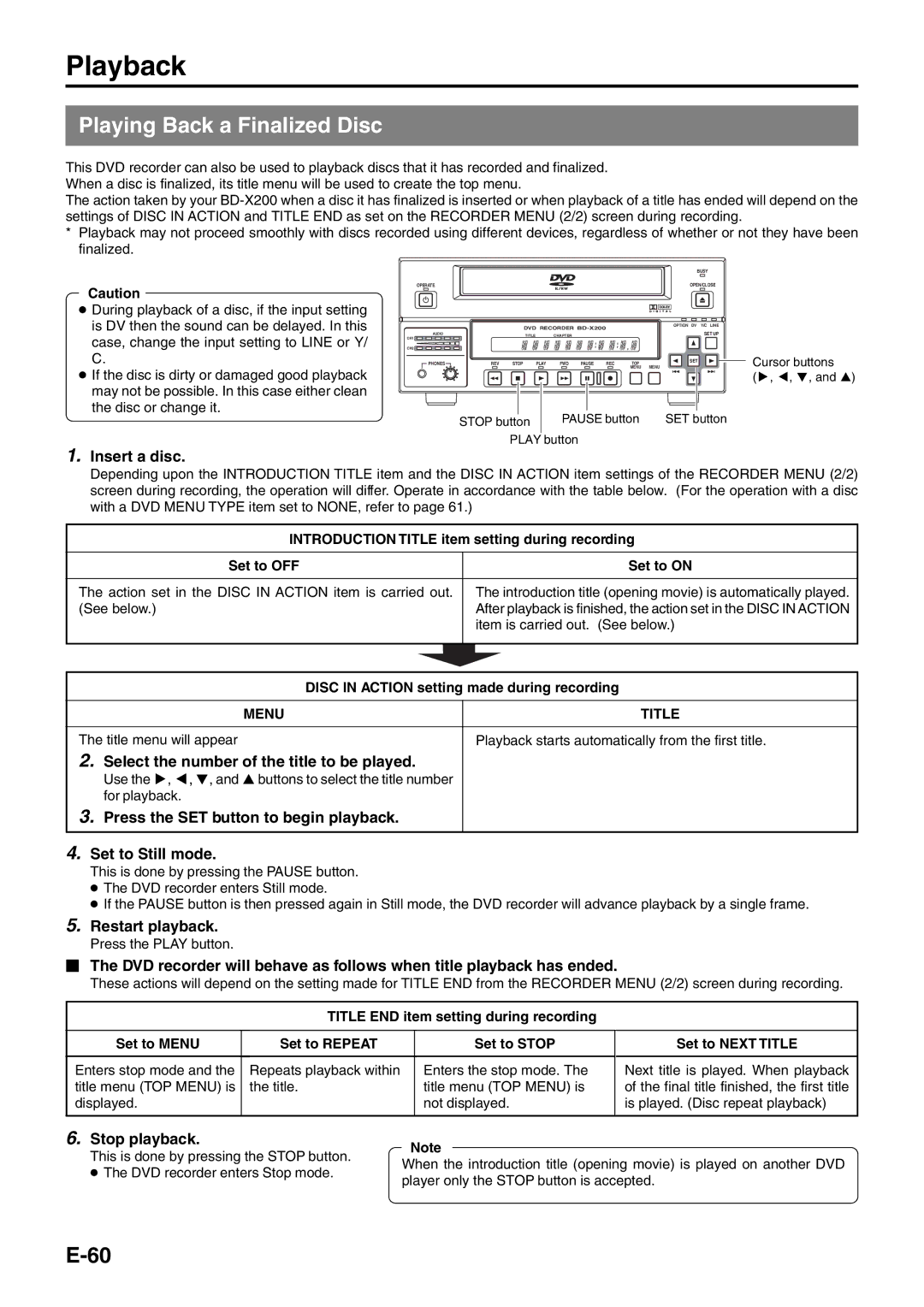 JVC BD-X200E manual Playback, Playing Back a Finalized Disc 