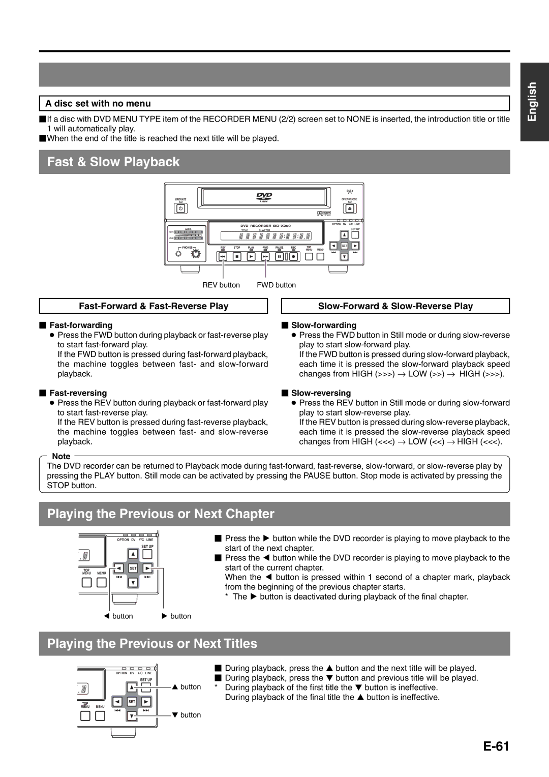 JVC BD-X200E manual Fast & Slow Playback, Playing the Previous or Next Chapter, Playing the Previous or Next Titles 