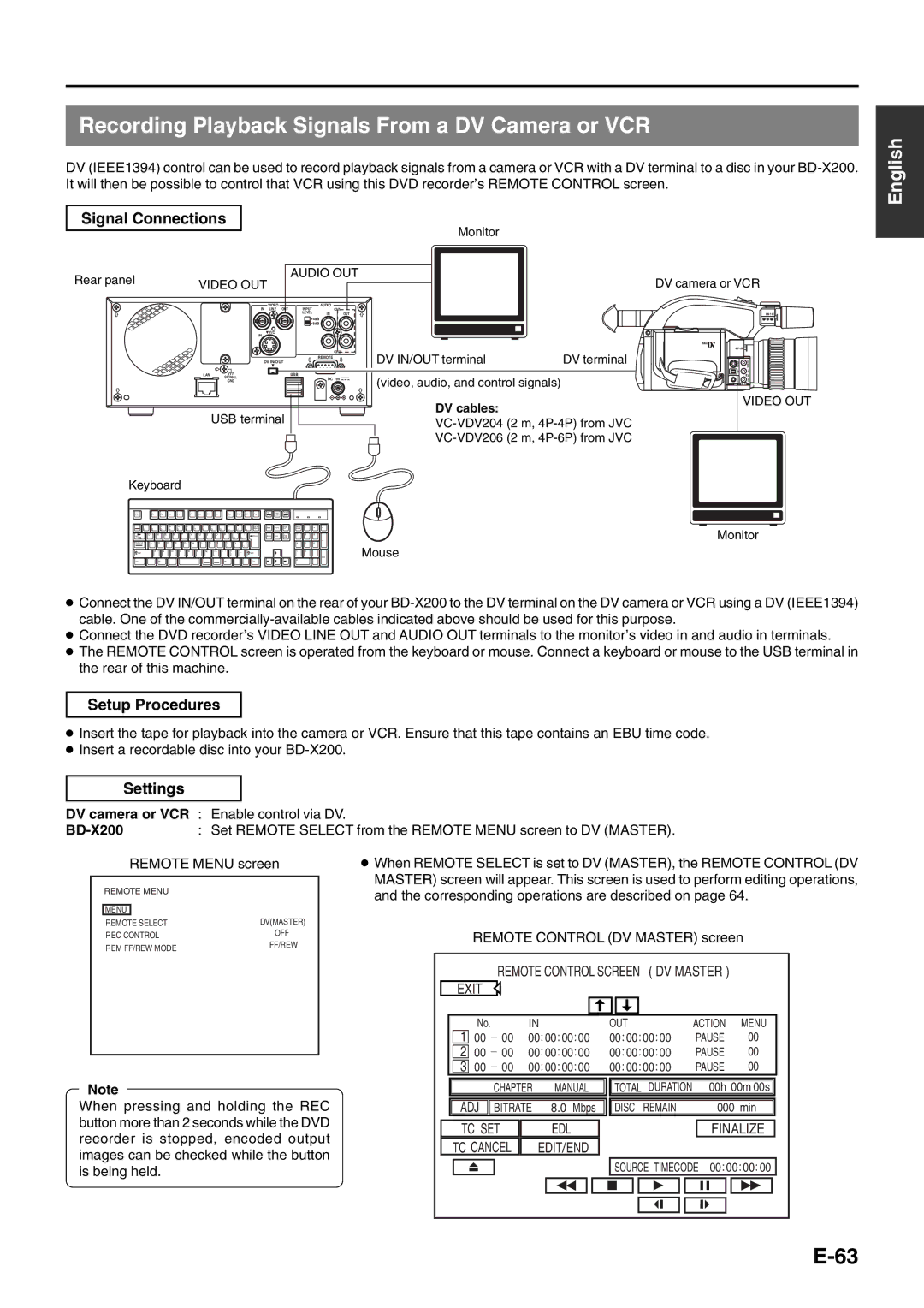 JVC BD-X200E manual Recording Playback Signals From a DV Camera or VCR, DV camera or VCR Enable control via DV 