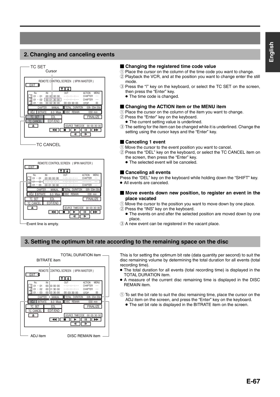 JVC BD-X200E manual Changing and canceling events,  Changing the registered time code value,  Canceling 1 event 