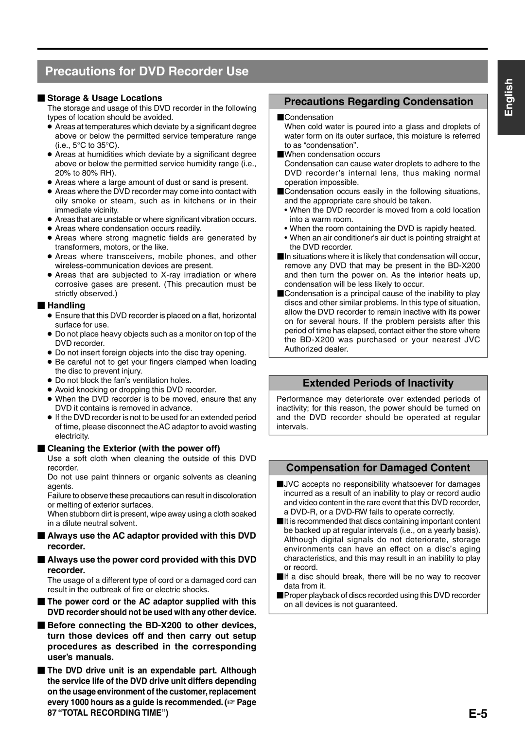 JVC BD-X200E manual Precautions for DVD Recorder Use, Precautions Regarding Condensation, Extended Periods of Inactivity 