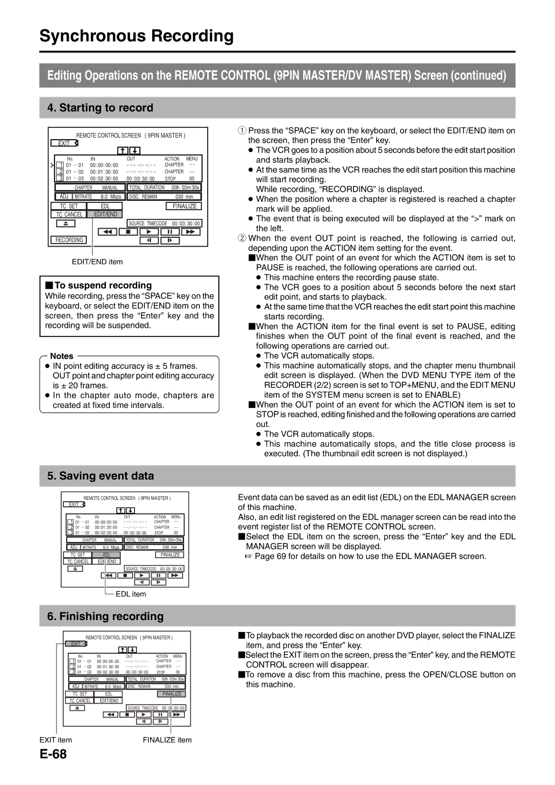 JVC BD-X200E manual Starting to record, Saving event data, Finishing recording,  To suspend recording 