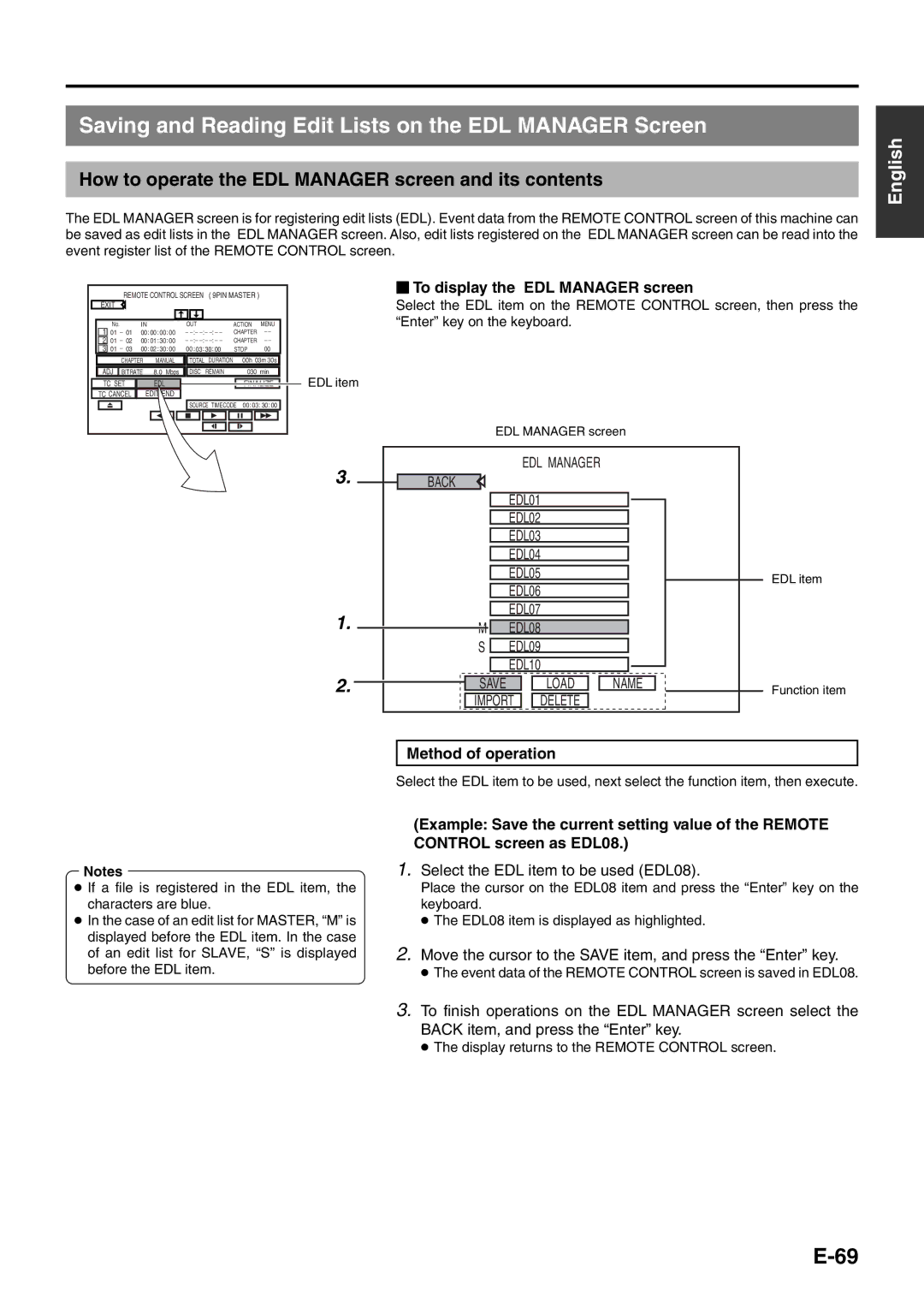 JVC BD-X200E manual Saving and Reading Edit Lists on the EDL Manager Screen 