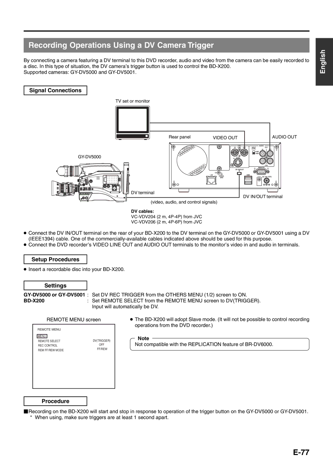 JVC BD-X200E manual Recording Operations Using a DV Camera Trigger, Video OUT Audio OUT 