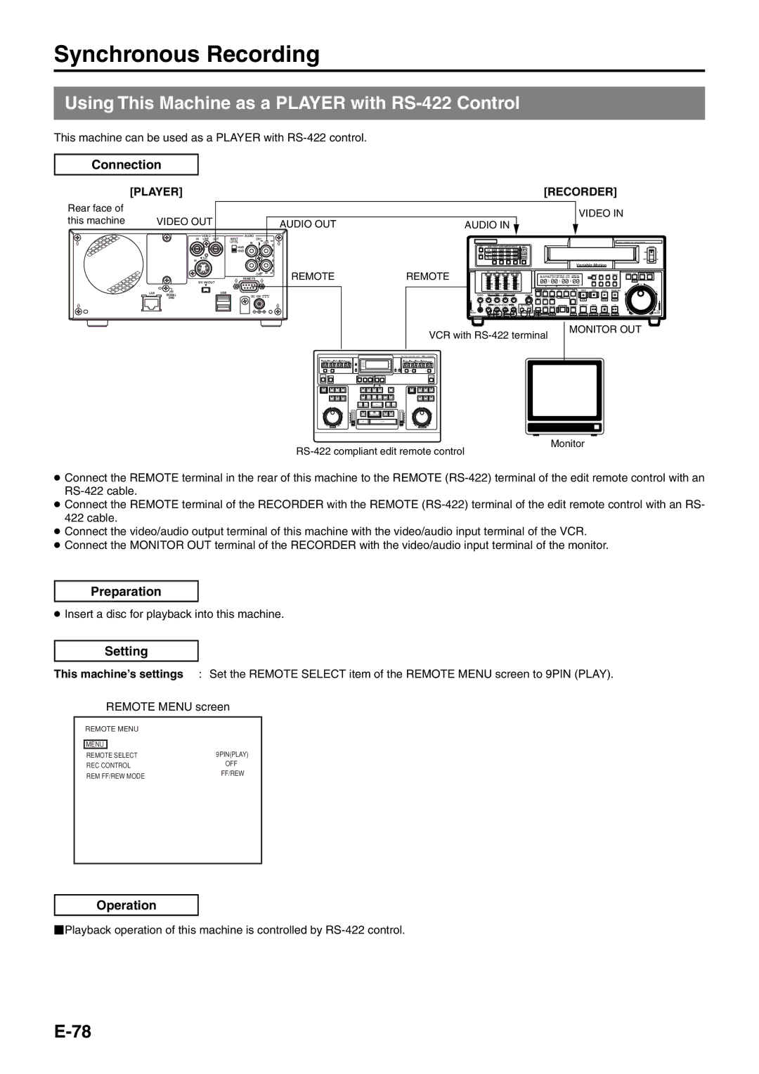 JVC BD-X200E manual Using This Machine as a Player with RS-422 Control, Operation, Player Recorder 