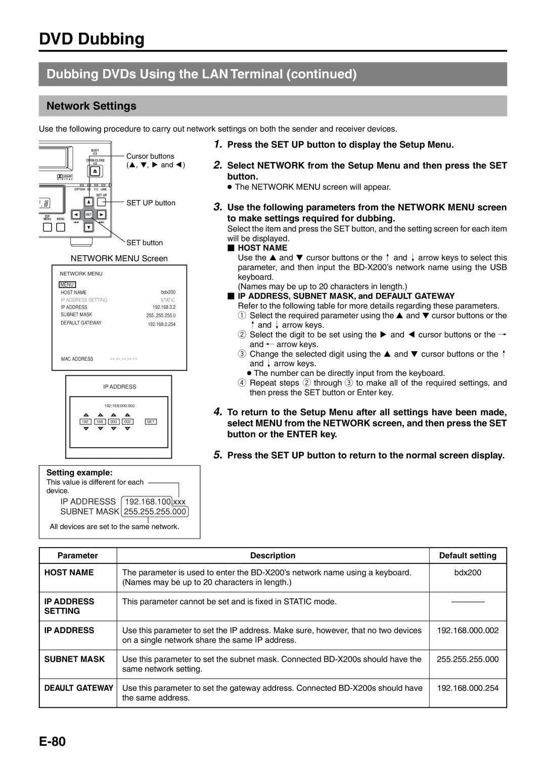 JVC BD-X200E manual DVD Dubbing, Network Settings 