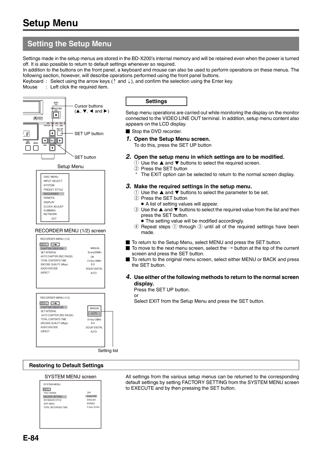 JVC BD-X200E manual Setting the Setup Menu, Open the Setup Menu screen, Make the required settings in the setup menu 