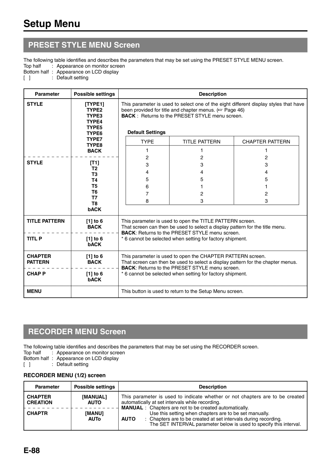 JVC BD-X200E manual Preset Style Menu Screen, Recorder Menu Screen, Recorder Menu 1/2 screen 