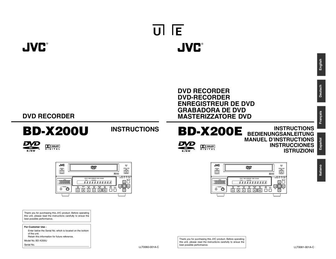 JVC BD-X200U manual BD-X200E, For Customer Use 